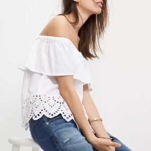 Madewell Women White Eyelet Off-the-Shoulder Top Small Elastic Coquette Feminine